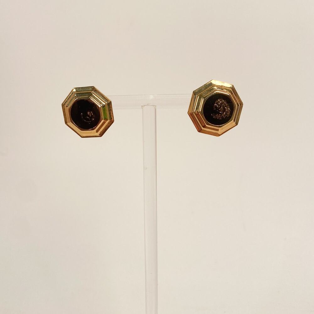 Gold Tone and Black Enamel Stud Earrings Retro